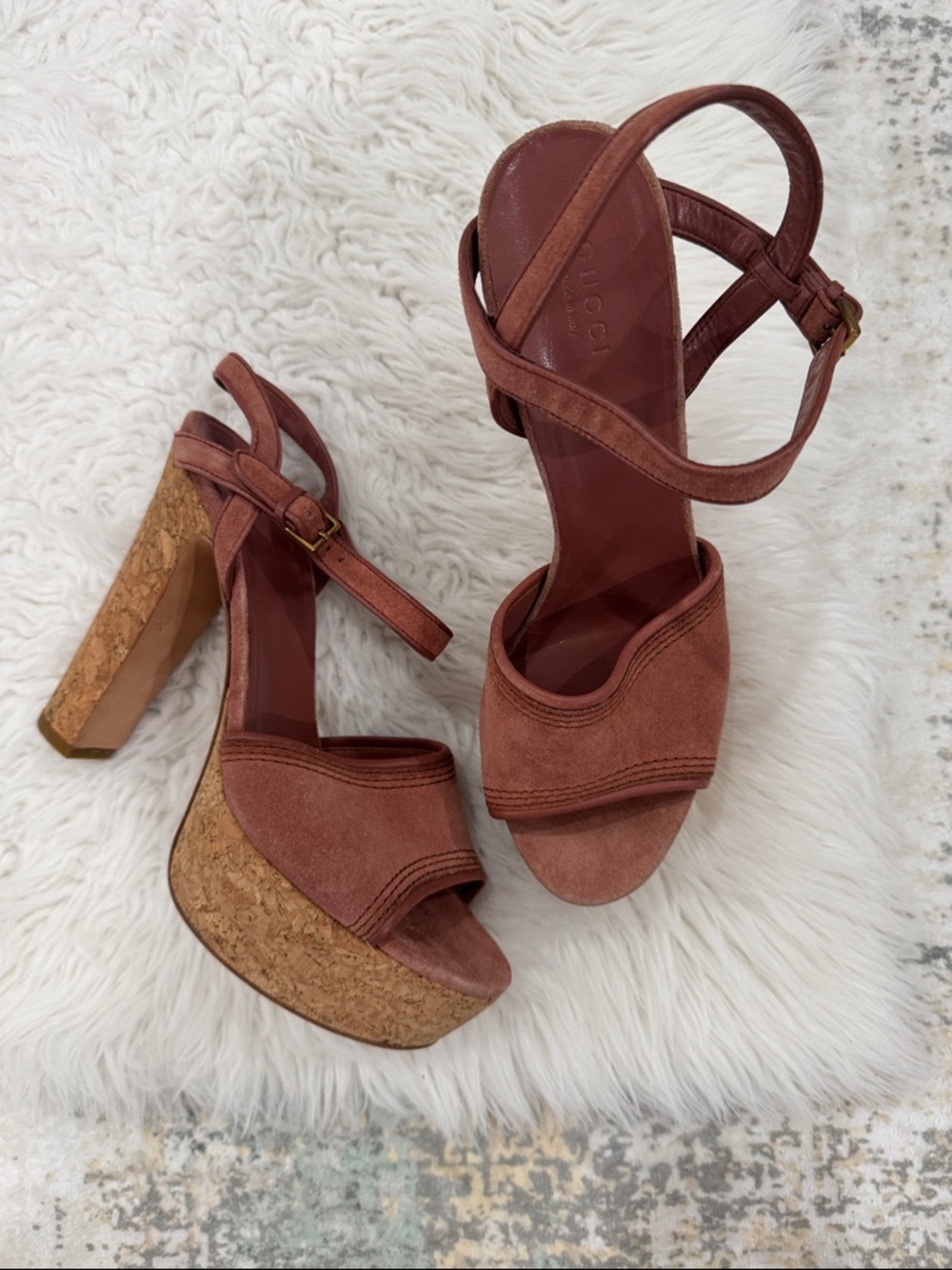 Gucci Authentic Suede Cork Platform Sandals